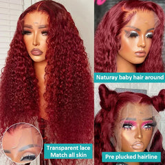 99J Burgundy Deep Wave 13x6 Transparent Lace Frontal Wig Water Wave Human Hair 13x4 13x5 Lace Front Wine Red Color Curly Wigs