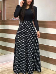 Retro Elegant Commuter Style Polka Dot High Waist  Flower Print Color Matching Short Sleeved Dress