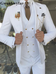 Gwenhwyfar 2024 Men Suits Khaki Color Peaked Lapel (Jacket+Vest+Pants) Slim Fit Handsome Formal Business Costume Homme