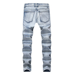Trendy Brand Motorcycle Men's Jeans Unique Ripped Slim Fit Streetwear High Elasticity Smooth Slimming Effect Casual Denim