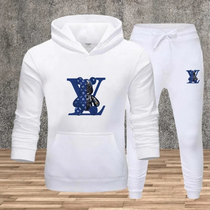 Men's hooded pullover + sweatpants fitness set for autumn and winter, casual jogging two-piece set