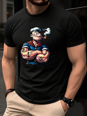 Summer Men's 100% Cotton Casual Fashion Classic Cartoon Pattern Printed Loose Sports Round Neck Short Sleeve T-shirt