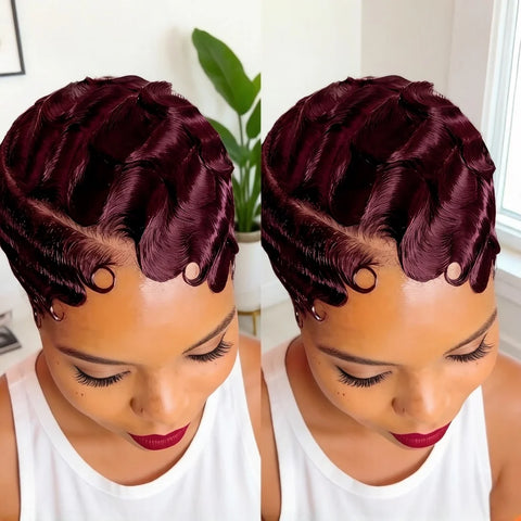 Women Short Black Bob Pixie Cut 13x4 Lace Front Human Hair Wig - 180% Density Finger Wave Texture Natural Look & Versatile Style
