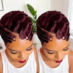 Women Short Black Bob Pixie Cut 13x4 Lace Front Human Hair Wig - 180% Density Finger Wave Texture Natural Look & Versatile Style