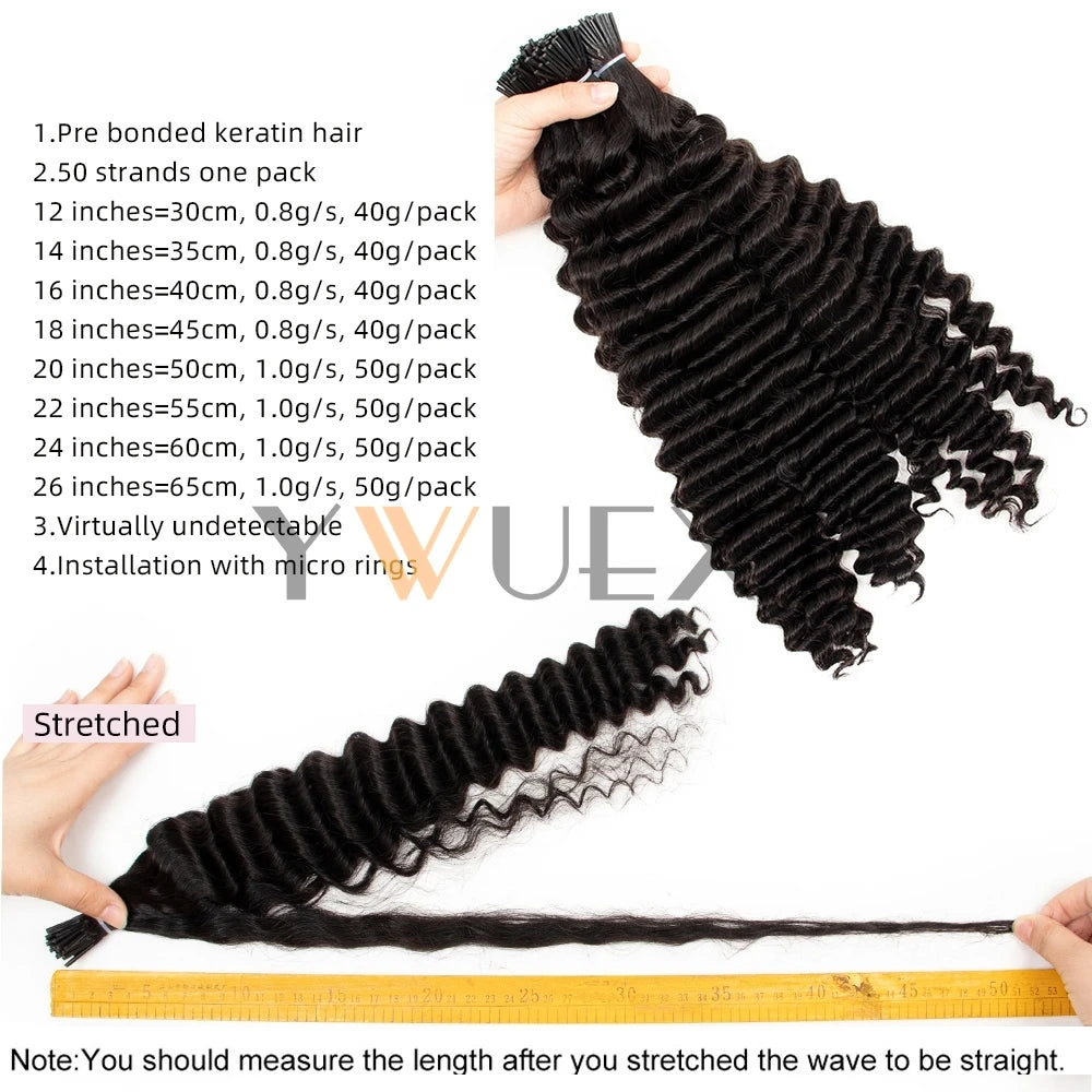 YWUEXT Loose Deep Wave Micro Link I Tip Hair Extensions 12"-26" Brazilian 100% Virgin Human Hair Micro Ring Hair 50pcs/pack