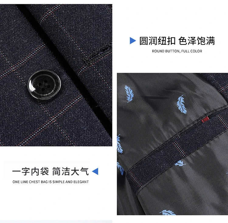 Men's Slim Fit Plaid Blazer Casual Spring Autumn Fashion Polyester Coat Handsome All-Matching Suit for Middle-Aged