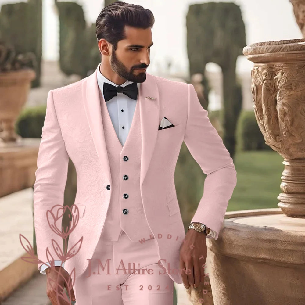Men's White Jacquard Suit 3pcs Jacket Vest Pants Elegant Formal Fashion Set for Groom Wedding Prom Party Stylish Custom Tuxedo