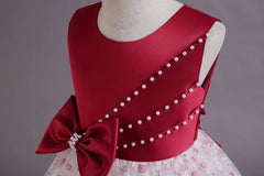 Kids Pearl Detailing Large Bow Floral Tulle Skirt Girls Sleeveless Dress Satin Accented Bodice Satin Hem Children Elegant Outfit