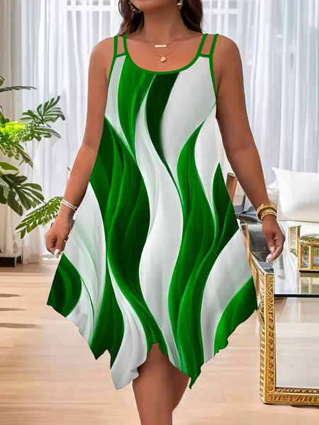 Plus-size women's fashion asymmetrical geometric stripes printed double strap dress