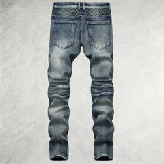 New American high street men's blue washed jeans nostalgic motorcycle pleated riding knee pants casual pants