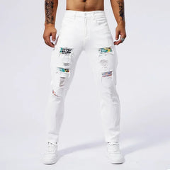 White 97% Cotton Jeans Men Clothing New Ripped Slim Patchwork Fashion Hole Skinny Elasticity Denim Trousers Male Streetwear