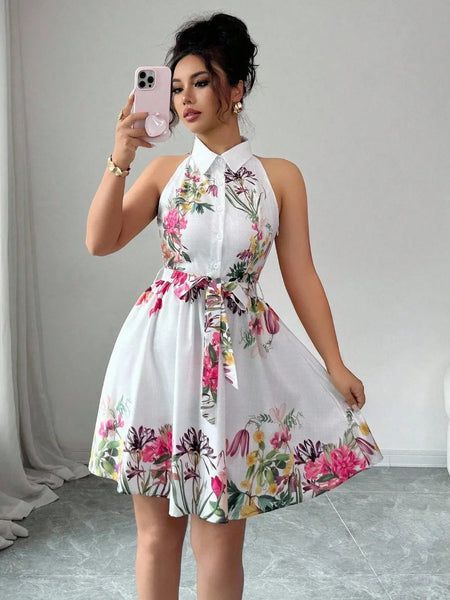 Tropical Print Halter Neck Dress, Vacation Style Backless Dress For Spring & Summer, Women Clothing Women Dress Summer Slimming