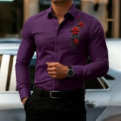 Men's Long-Sleeved Shirt, Featuring a Vintage Red Rose Print Design. A Stylish