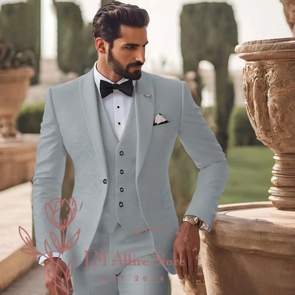 Men's White Jacquard Suit 3pcs Jacket Vest Pants Elegant Formal Fashion Set for Groom Wedding Prom Party Stylish Custom Tuxedo