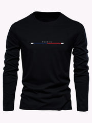 Men's 100% pure cotton loose fit plus size comfortable casual sports Paris letter printed round neck long sleeved T-shirt top