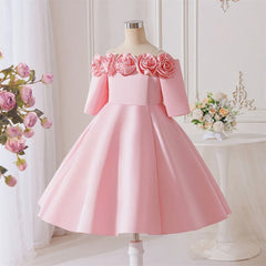 New Girls Pink Knee Length Shoulderless Dress Older Children Shoulder 3D Flower Dress Party Catwalk Evening Dress 8-12Y ASQ03