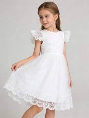 Summer Girls Sweet And Cute Flying Sleeves Solid Color Lace Princess Dress Fashionable Casual Dress