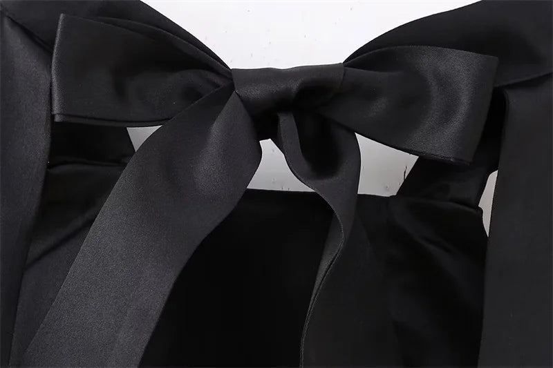 Black Backless Mini Skirt For Women Off The Shoulder Hollowed Out Fashion Sleeveless Party Dress Sexy A-line Tie Bow Club 2024