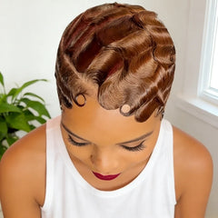 Women Short Black Bob Pixie Cut 13x4 Lace Front Human Hair Wig - 180% Density Finger Wave Texture Natural Look & Versatile Style