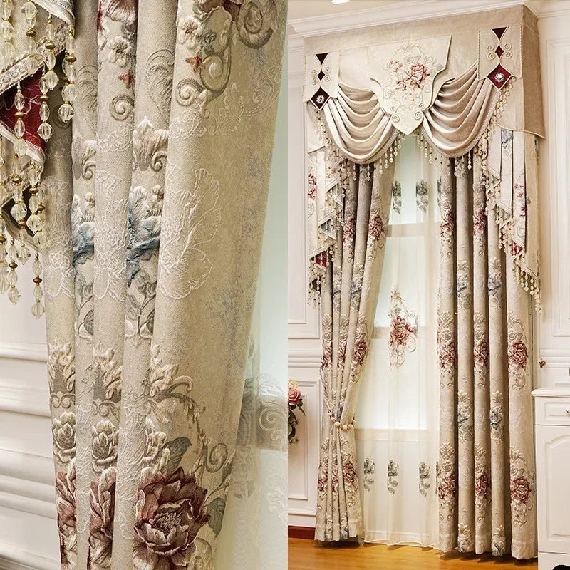 Custom New 3D Embossed Luxury Curtains for Living Dining Room Bedroom European Flower High-end Textured Noble Valance Tulle Cort
