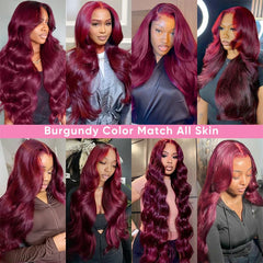 99J Burgundy 13x6 HD Lace Frontal Wig Human Hair Pre Plucked 220 Density Body Wave 13x4 HD Transparent Lace Front Wigs for Women