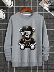 Men's autumn and winter fashionable casual loose cool bear cartoon graphic print fleece long sleeved
