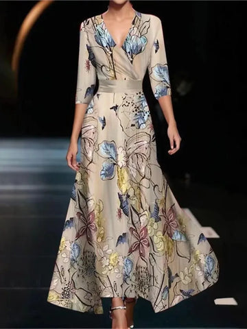 Fashionable V-neck Three-quarter Sleeve Dress For Women Spring Autumn New Elegant Waisted Floral Printing Casual Dresses Female
