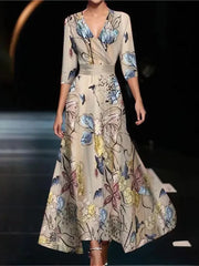 Fashionable V-neck Three-quarter Sleeve Dress For Women Spring Autumn New Elegant Waisted Floral Printing Casual Dresses Female