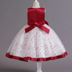 Kids Pearl Detailing Large Bow Floral Tulle Skirt Girls Sleeveless Dress Satin Accented Bodice Satin Hem Children Elegant Outfit