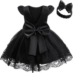 3M-3T Toddler Baby Girls Dresses Pageant Wedding Flower Formal Gowns Embroidered Lace Dress+Headwear 1st Birthday Girls Dress