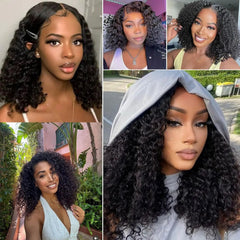 Short Curly Water Wave Human  Bob Wigs Transpare Lace F