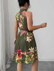 Tropical Print Halter Neck Dress, Vacation Style Backless Dress For Spring & Summer, Women Clothing Women Dress Summer Slimming