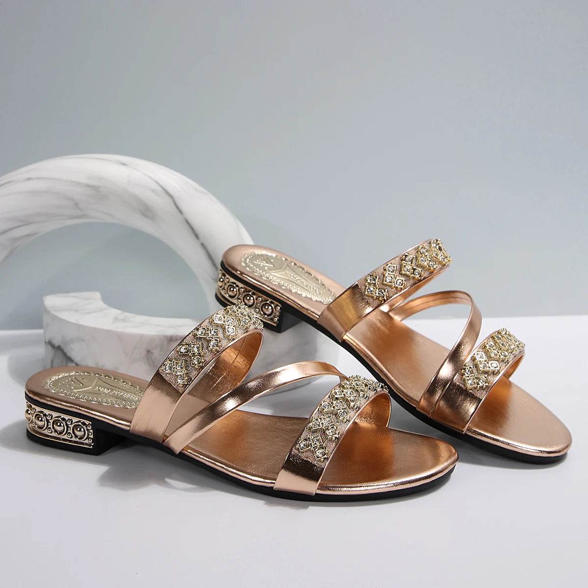 Summer New Women Slippers Medium Heel Thick Heel Slippers Open Toe High Heel Rhinestones Shoes Lightweight Sandals Slides Women