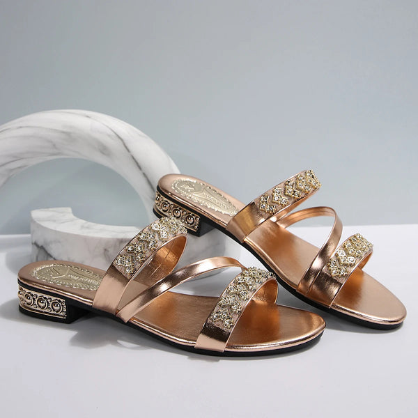 Summer New Women Slippers Medium Heel Thick Heel Slippers Open Toe High Heel Rhinestones Shoes Lightweight Sandals Slides Women
