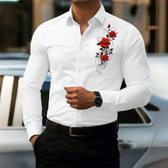 Men's Long-Sleeved Shirt, Featuring a Vintage Red Rose Print Design. A Stylish