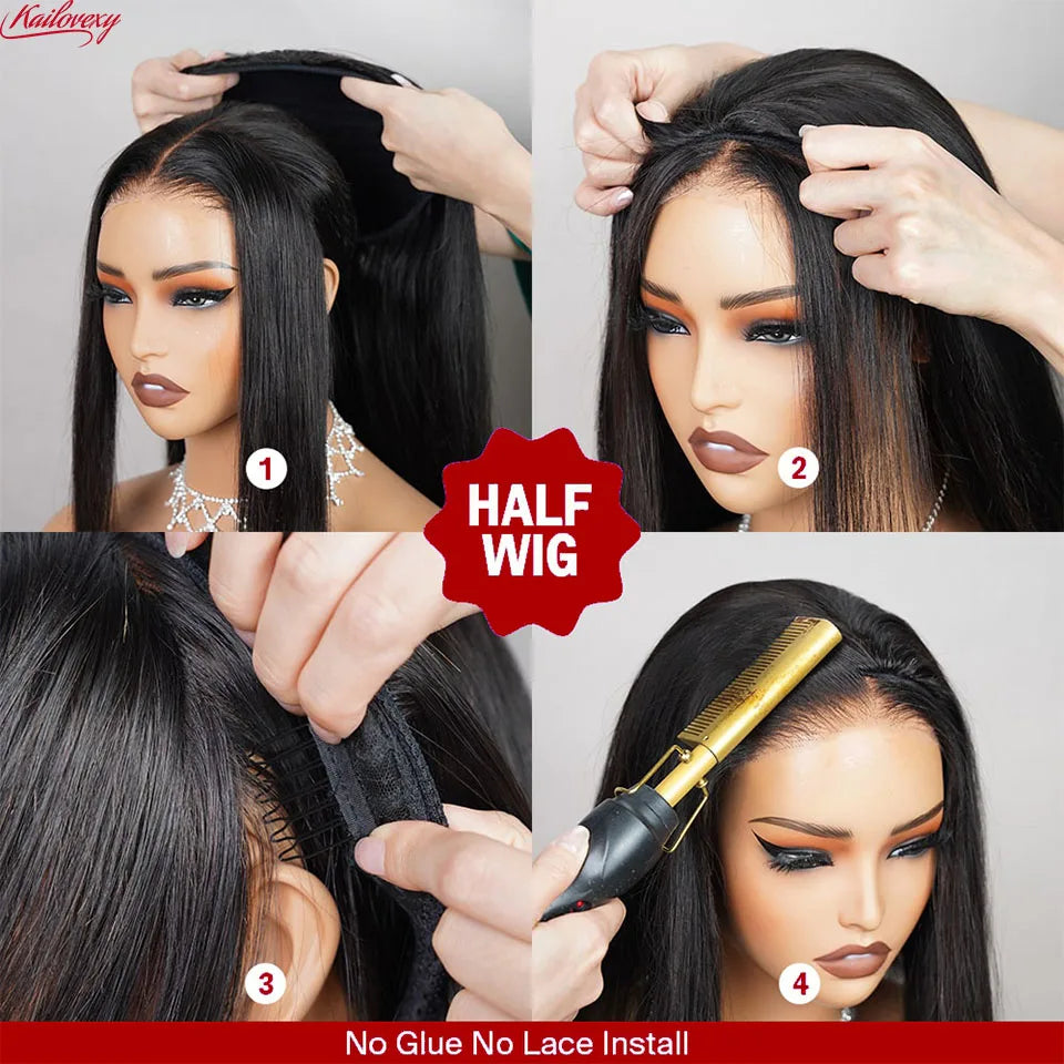 Body Wave 3 In 1 Half Wigs Human Hair Invisible Hairline Flip Over Glueless Wigs Human Hair 220% Density Beginner Friendly