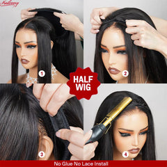 Body Wave 3 In 1 Half Wigs Human Hair Invisible Hairline Flip Over Glueless Wigs Human Hair 220% Density Beginner Friendly