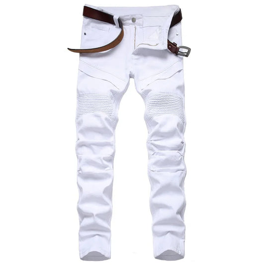 Men's Moto Biker Jeans  2025 New Spring Autumn HIP HOP Punk Streetwear Black White Straight OverSize Denim Pants