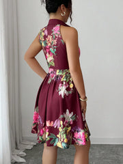 Tropical Print Halter Neck Dress, Vacation Style Backless Dress For Spring & Summer, Women Clothing Women Dress Summer Slimming