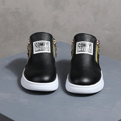 COMFY KIDS Kids' Black Lychee Pattern Faux Leather High-Top Sneakers, Side Zipper with Star Charm, Soft Elastic Rubber Sole Ligh