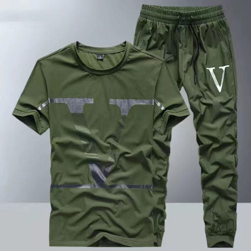 Summer new ice silk suit male summer youth fashion brand short sleeve T-shirt male loose pants casual sportswear male