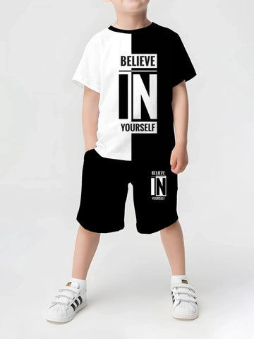 2025 Summer New Children's Set Girls' Summer Set Short Sleeve T-shirt Boys' Printed Casual Round Neck