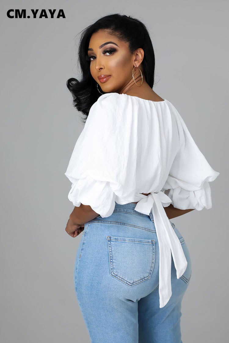 CM.YAYA Women Bow Back Cut Out Waist Lantern Three Quarter Sleeve V-neck Blouse and Shirt Tops for 2022 New Summer Spring