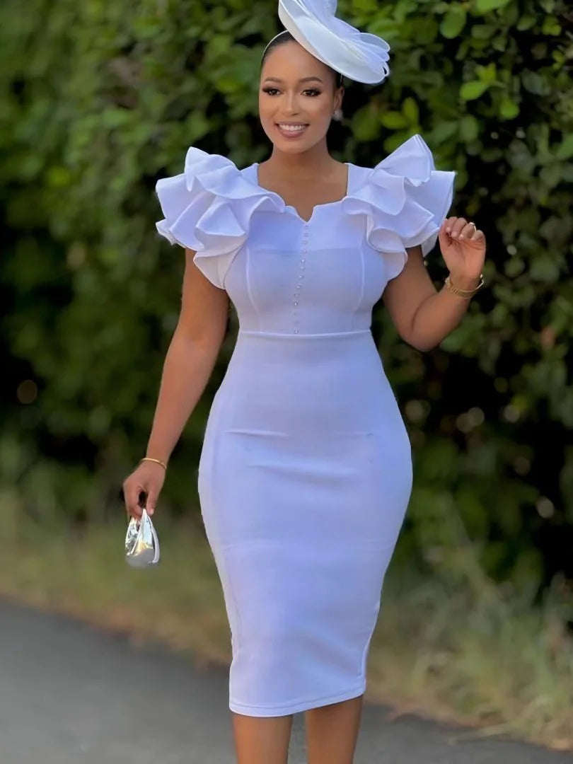 Summer Fashion Women's Nail-Beaded Lotus Sleeve Wrapped Hip Banquet Dress Cascading Style Elegant Evening Gown