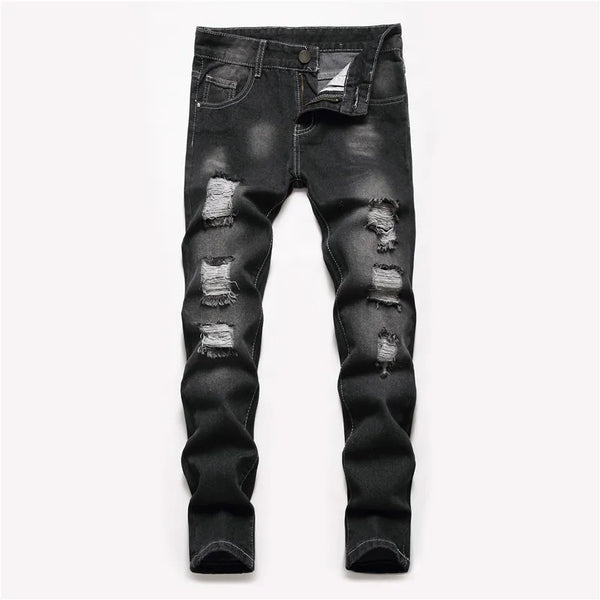 Denims Boy Children Jeans Straight Pants Ripped Hole Mid Waist Washed Distressed Pockets Streetwear