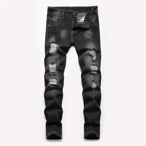 Denims Boy Children Jeans Straight Pants Ripped Hole Mid Waist Washed Distressed Pockets Streetwear