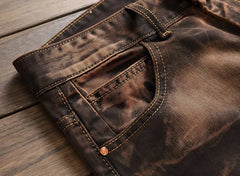 Jeans Men Vintage Distressed Pencil Pants Mid Waist Zipper Pockets Slim Ankle Length Trousers