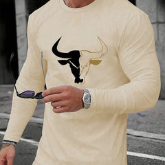 Men's 100% pure cotton loose fit plus size comfortable casual sports bull pattern printed round neck long sleeved T-shirt top