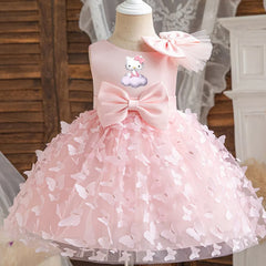 Hello Kitty Girl Princess Dress Kid Clothes Party Birthday Outfits Evening Party Tulle Dress Wedding Wear Summer Bowknot Dress