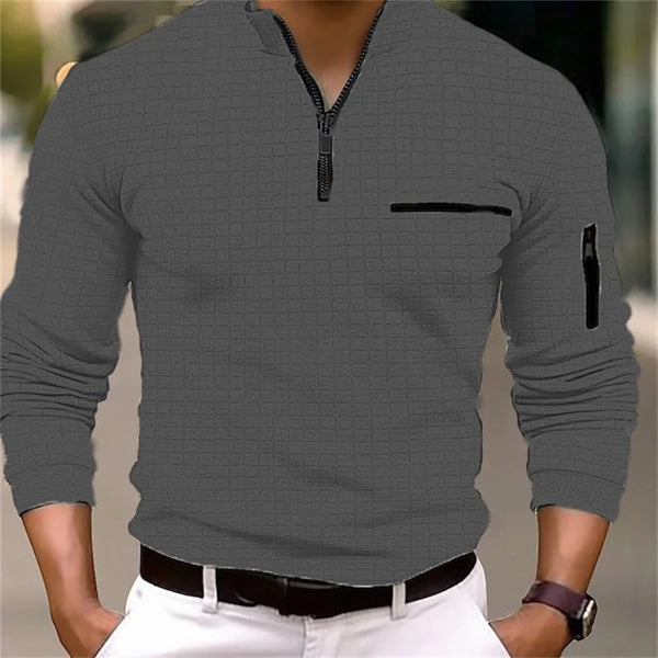 2025 Spring and Autumn New Men's Plaid Turtleneck Zipper Long Sleeve Polo Shirt  Casual